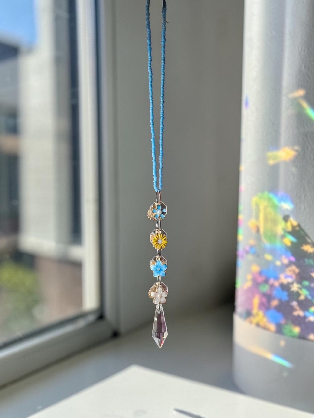 Blue Floral Bead Sun Catcher & Crystal Pendant